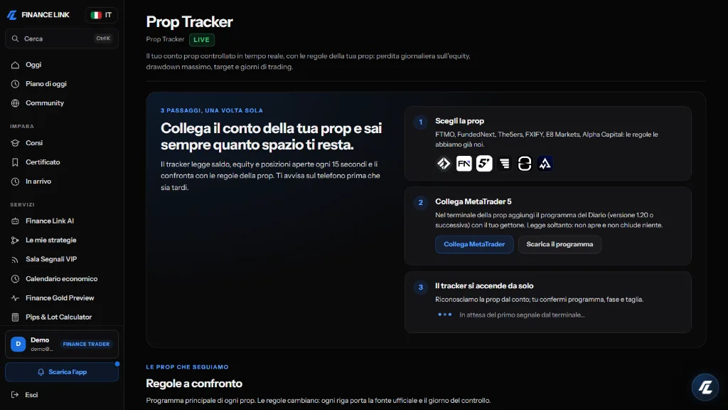The Prop Tracker: choose the prop, connect MetaTrader 5 and the tracker follows the rules.